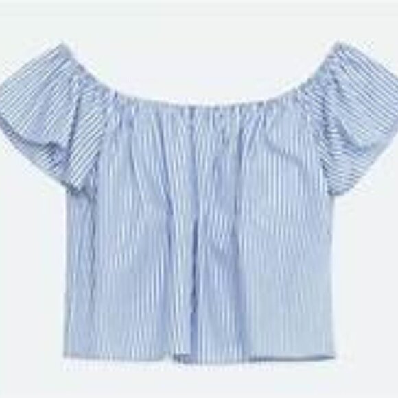 Zara Basic Light Blue/White Pinstripe Off Shoulder Crop Top Size Med - Picture 2 of 4